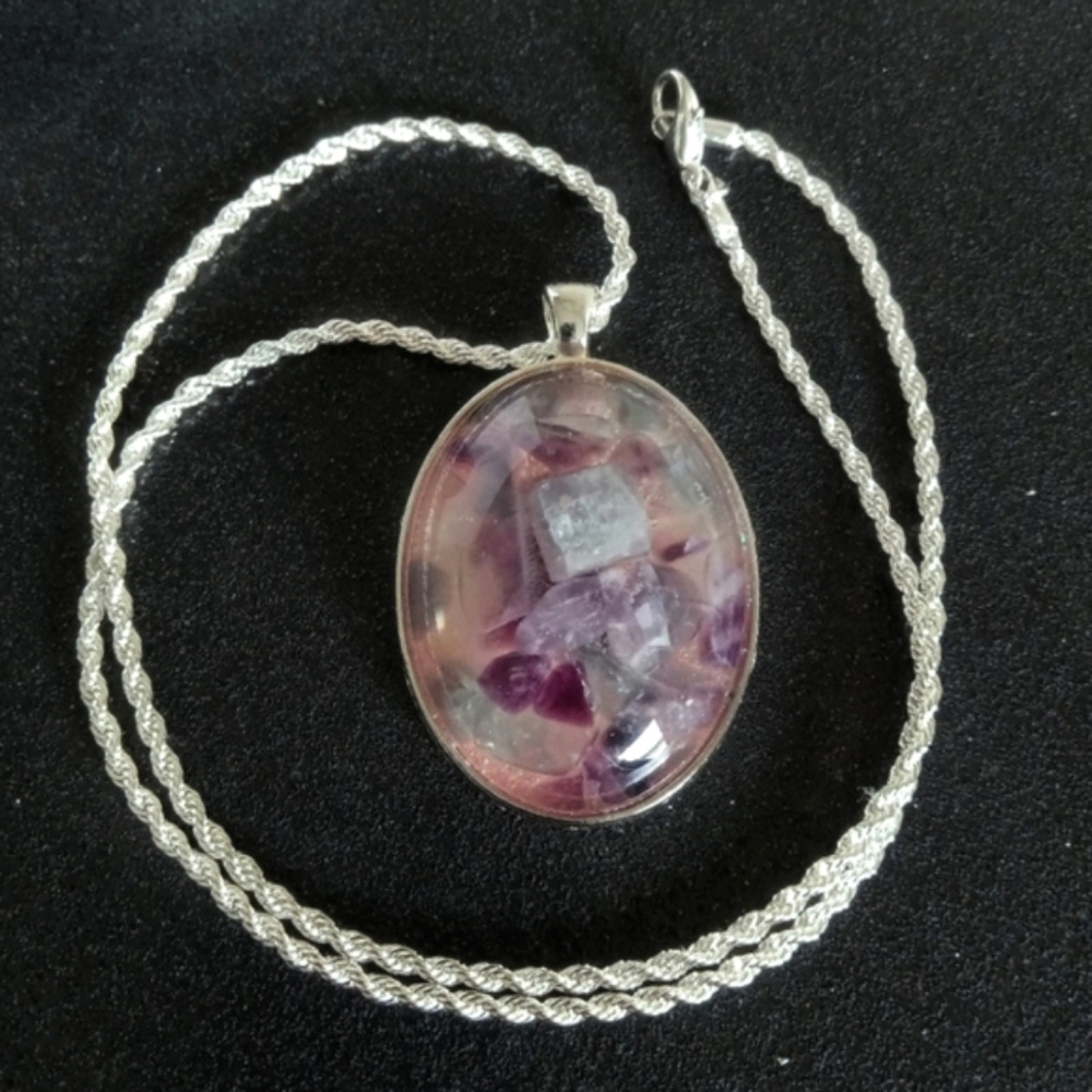 Sterling silver multicolor fluorite gemstone resin oval pendant necklace 20" new